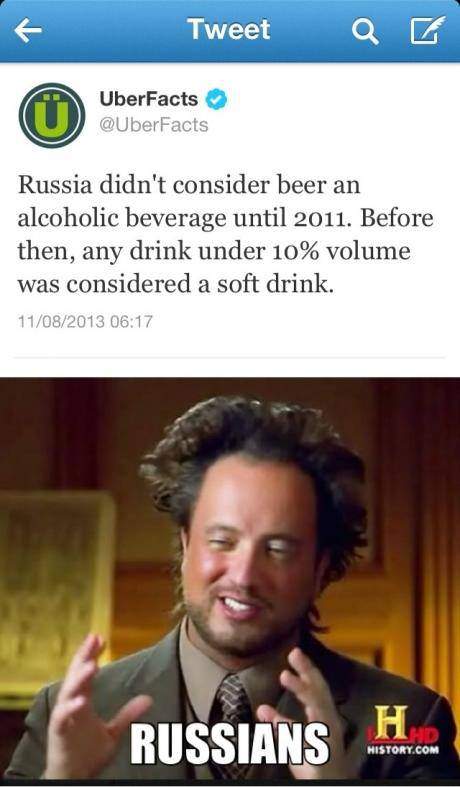 Russia didn't consider beer an alcoholic beverage until 2011.