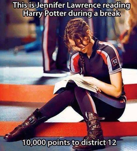 This is Jennifer Lawrence reading Harry Potter during break 