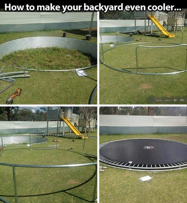 Trampoline in the backyard in level with ground.